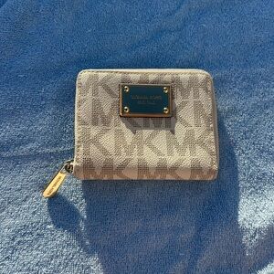 Michael Kors Beige MK Logo Zip Wallet with Gold Plaque